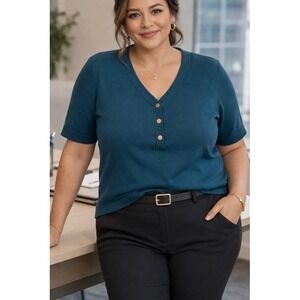 Lane Bryant Womens Henley Sweater Top Blue Plus 22/24 Short Sleeve V-Neck Knit